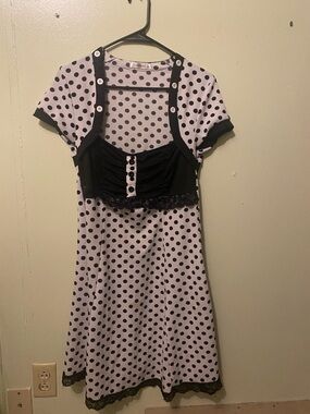 Women's Black and White Polka Dot Midi Dress with Lace Trim